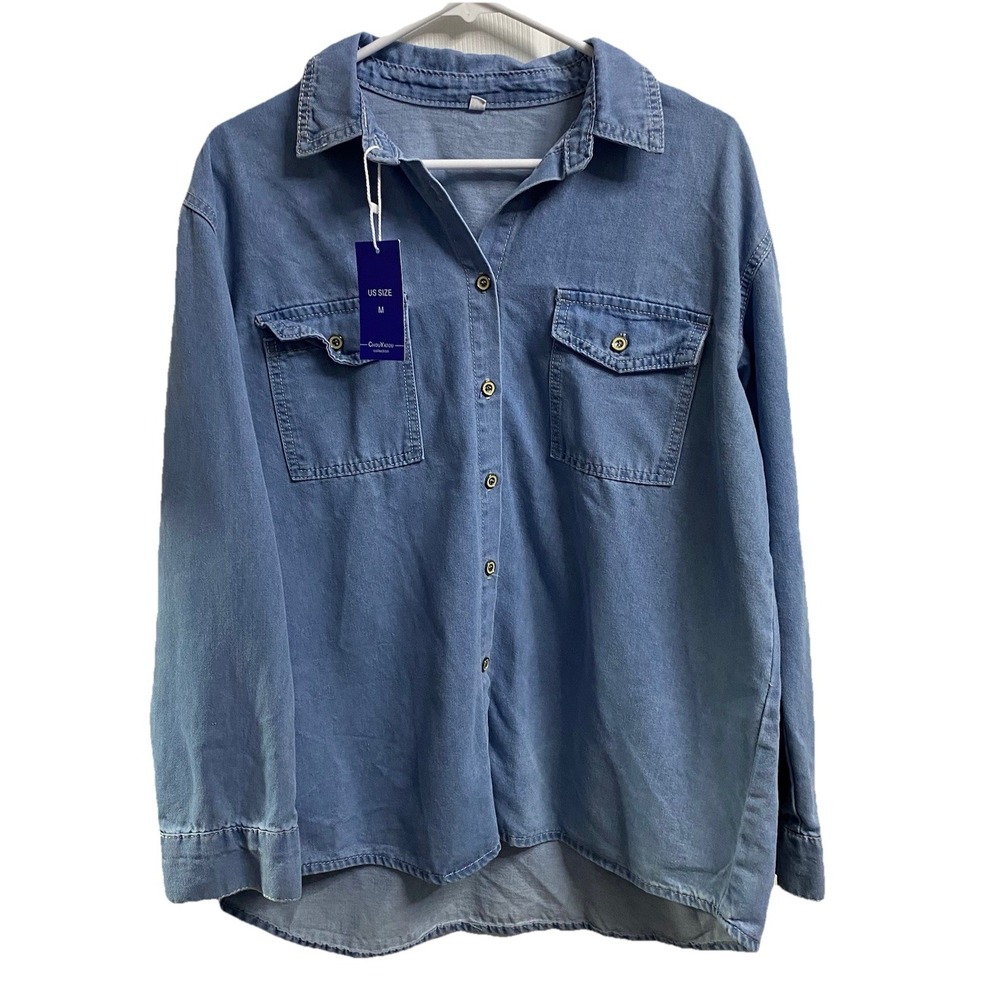 Chouyatou Women's Blue Denim Button Up‎ Long Sleeve Shirt Pockets Sz. M NWT